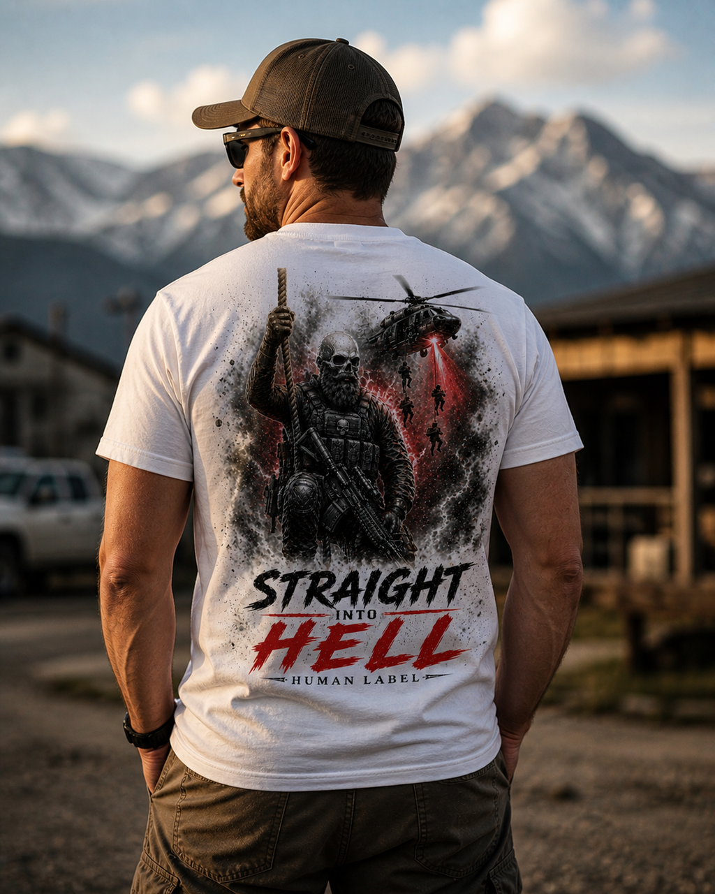 Straight Into Hell | Military Veteran Graphic T-Shirt | Special Forces Skull Tee | Army Airborne Gift | Human Label