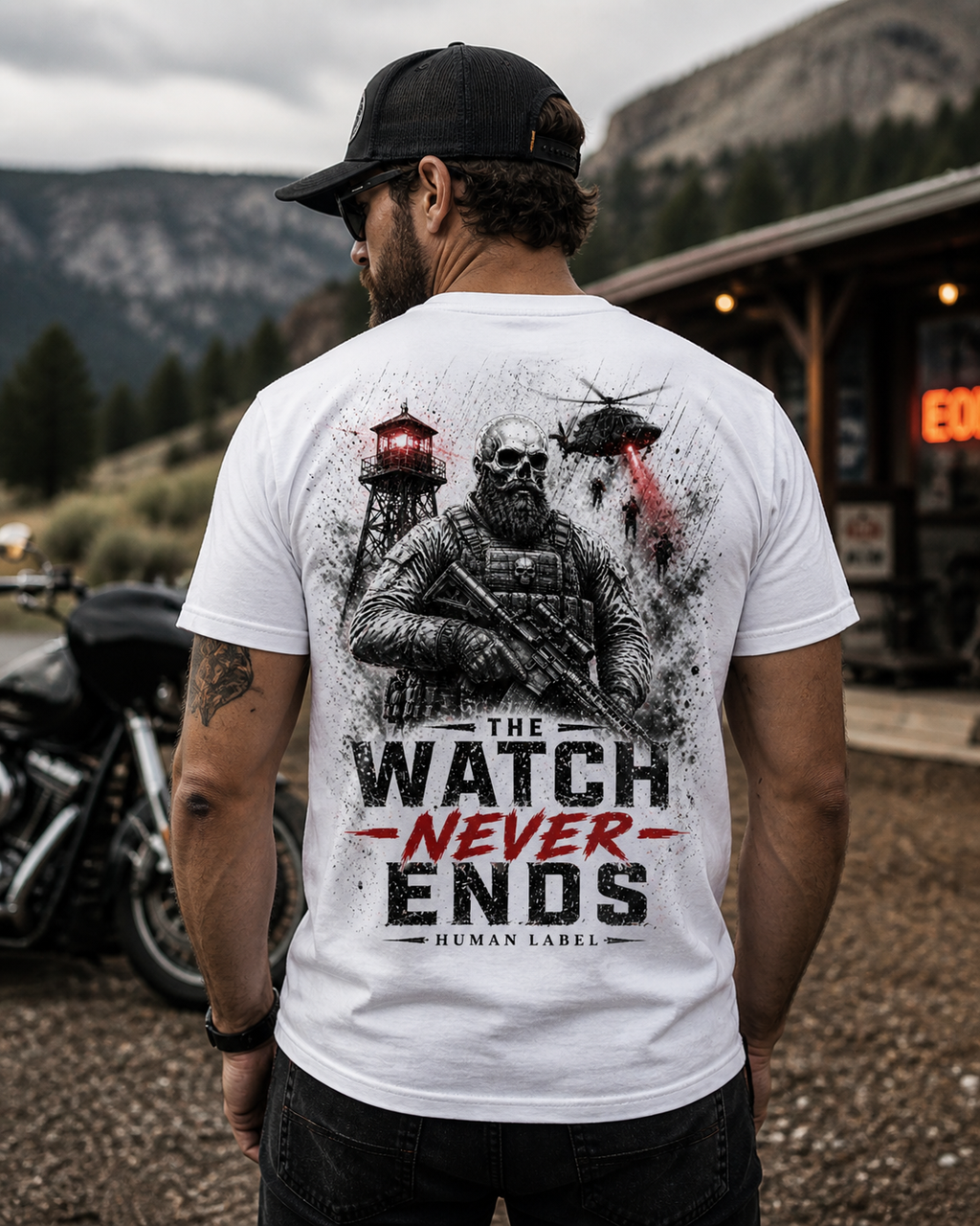 The Watch Never Ends | Veteran T-Shirt | Military Skull Graphic Tee | Soldier Sentry Gift | Army Veteran Shirt | Human Label