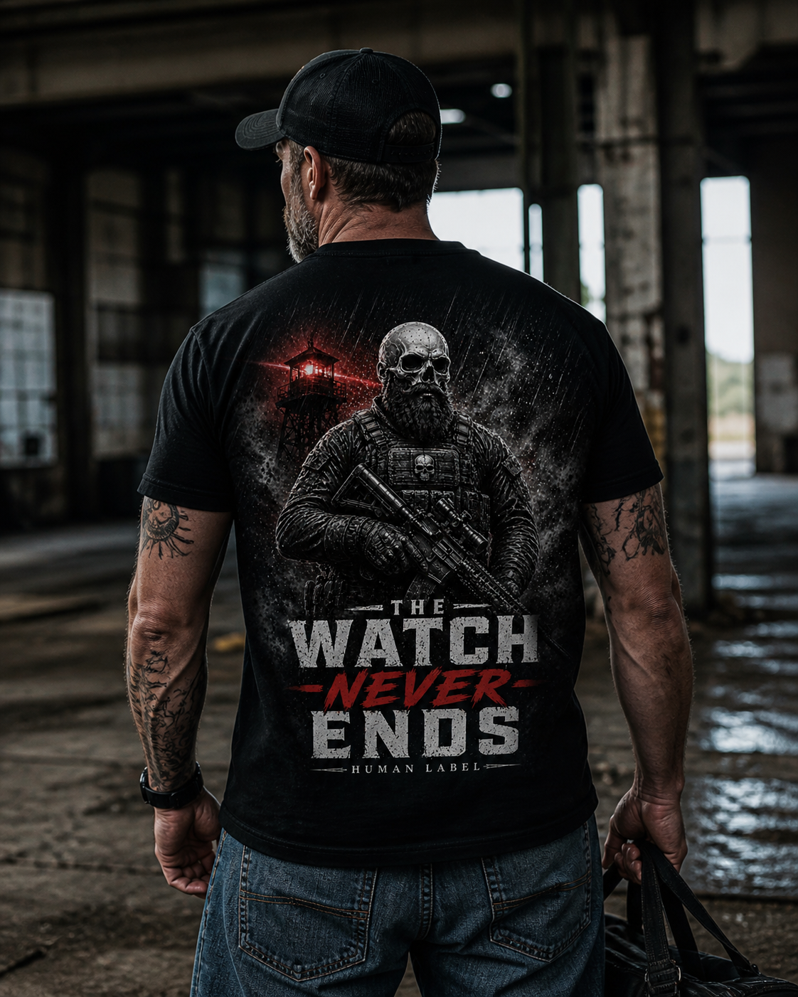 The Watch Never Ends | Veteran T-Shirt | Military Skull Graphic Tee | Soldier Sentry Gift | Army Veteran Shirt | Human Label